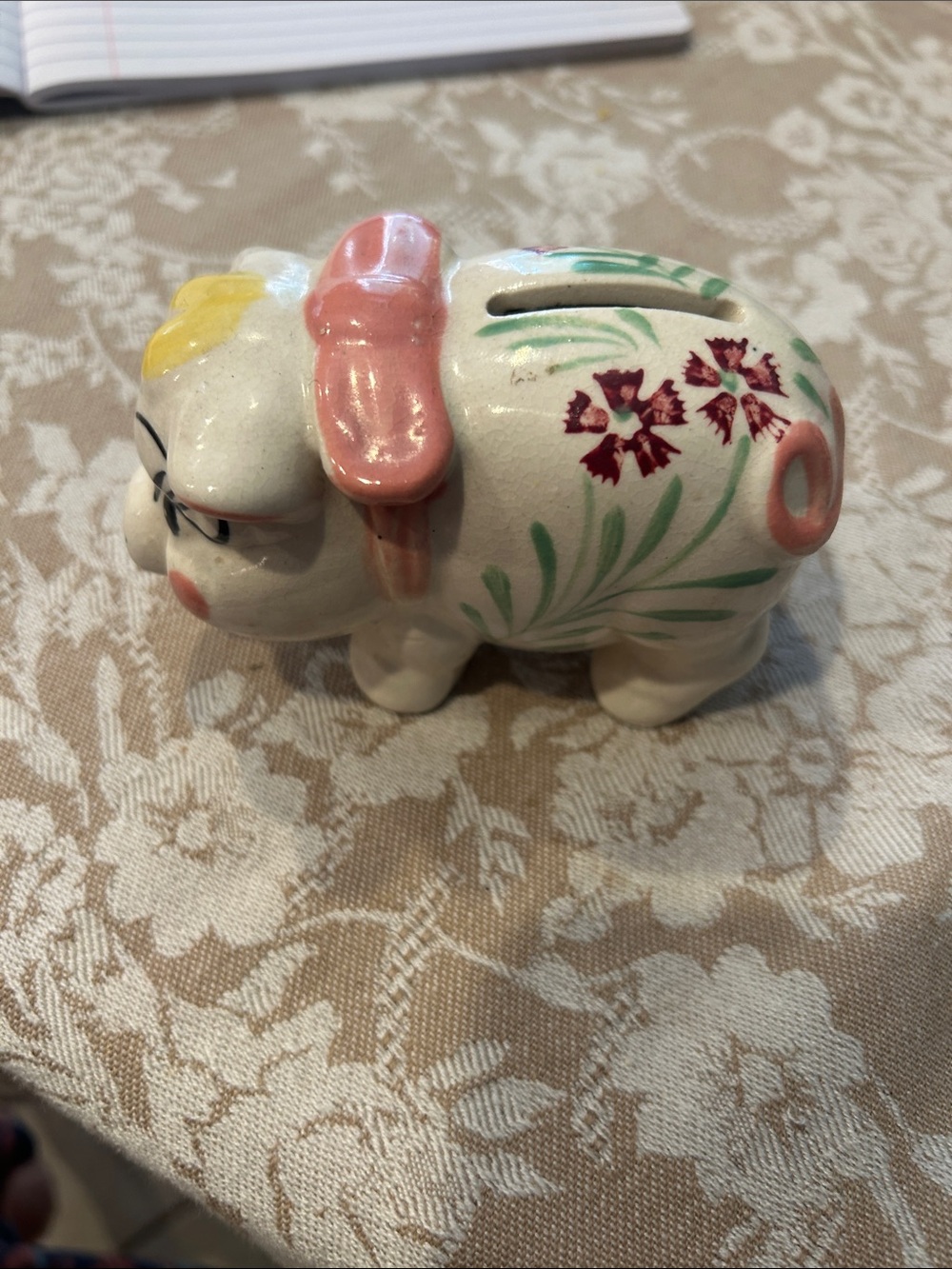 Vintage Ceramic Piggy Bank with Pink & Yellow Accents. Made in Japan.